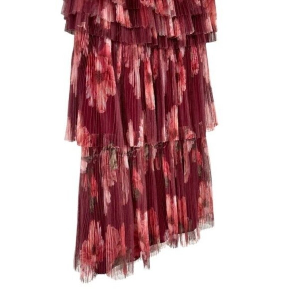 Anthropologie Hutch Nalina Tiered Tulle Floral Print Burgundy Maxi Dress Size 10 - Picture 4 of 10